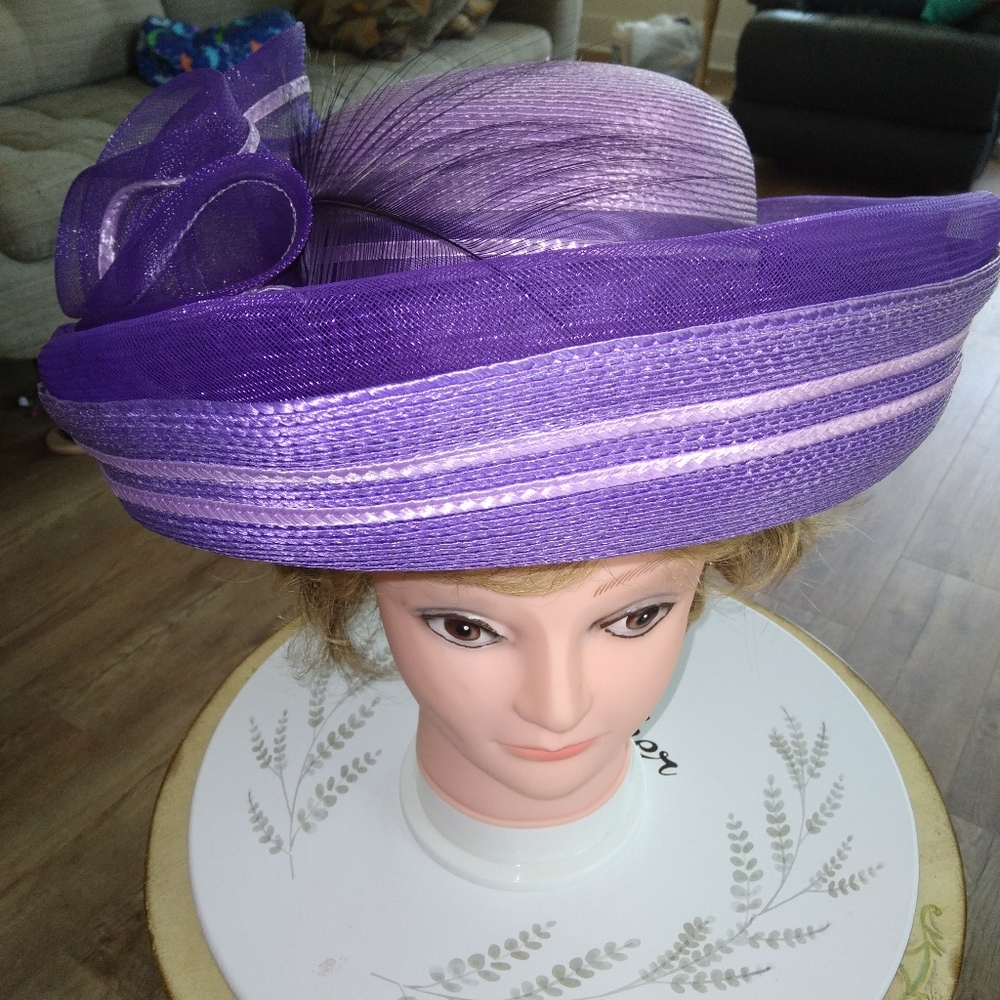 Sylvia New York Purple Derby Church Hat | Wide Brim Striped Bow